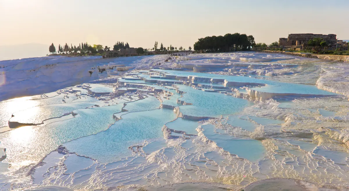 Turquoise pools on the white travertine terraces of Pamukkale