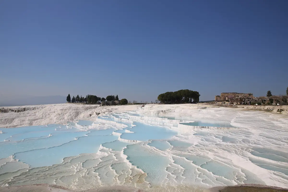 Water-filled terraces on the white slope of Pamukkale